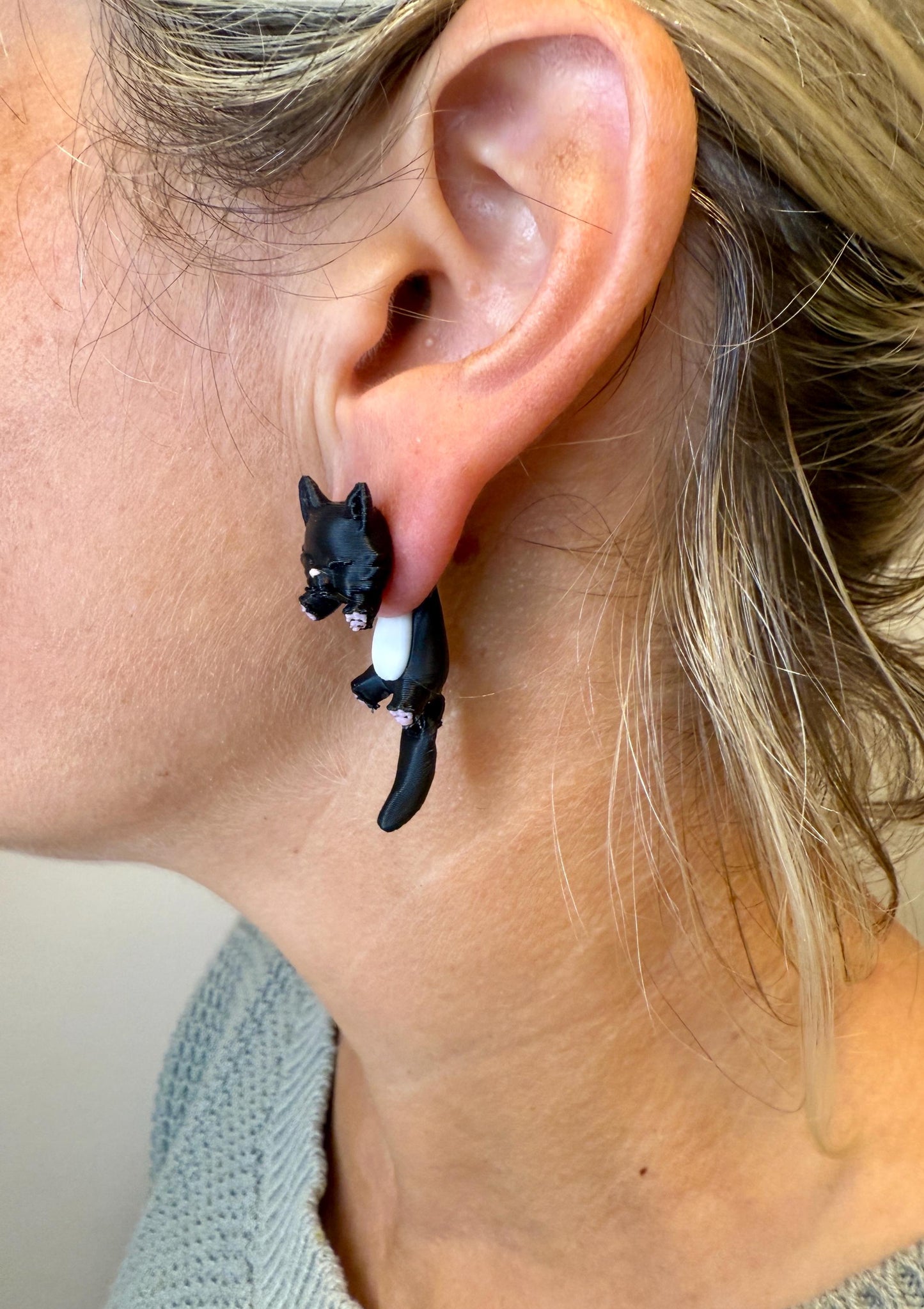 Black Cat Jumper Earrings | Cute Cat Dangle Jewelry | Hypoallergenic Stainless Steel | Black Cat Lover Gift | 3D Printed Statement Earrings