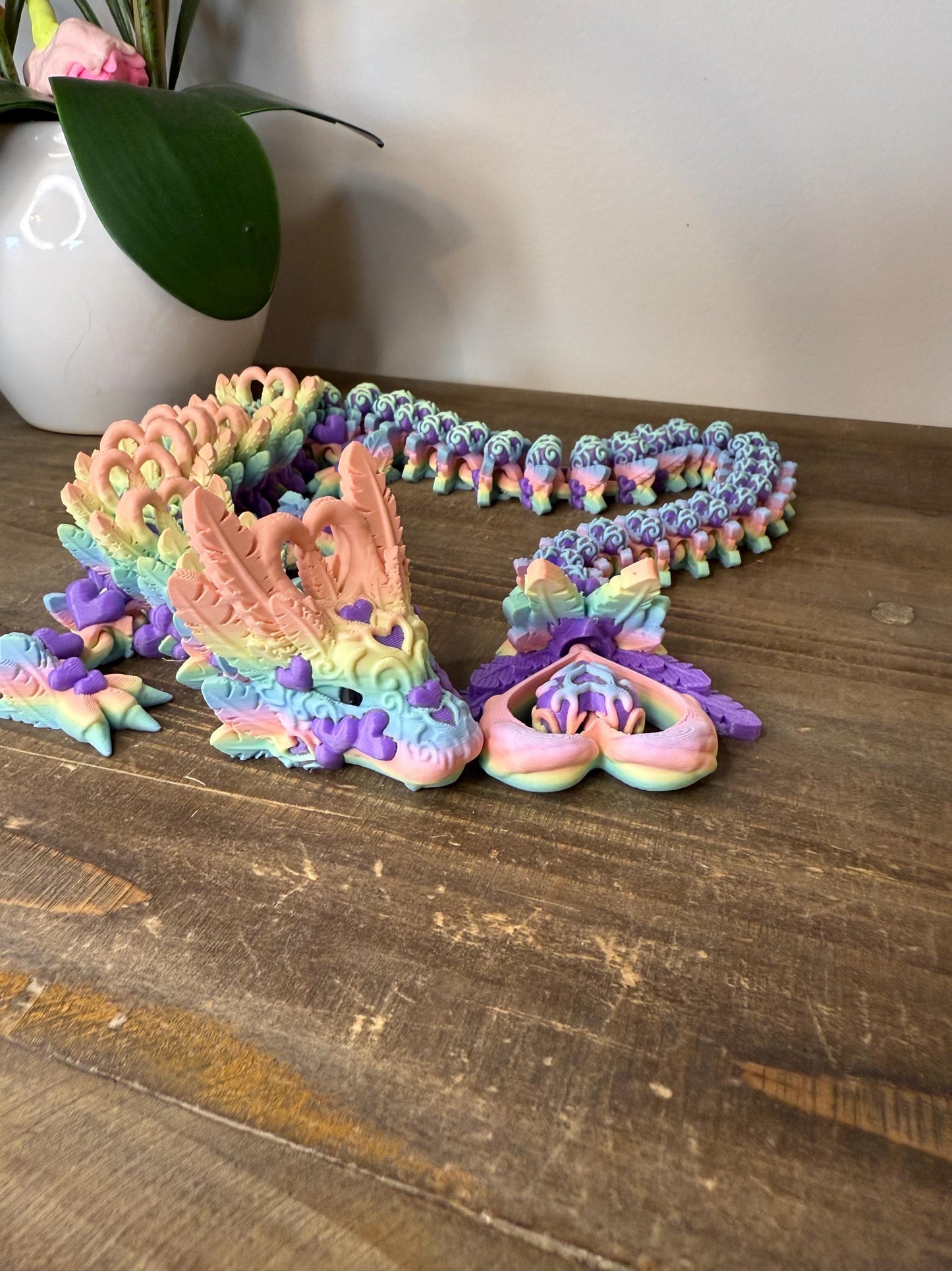 Pastel Rainbow Heart Crystal Dragon Full Size | 27" 3D Printed Articulated Dragon Figurine | Fantasy Collectible with Heart Details