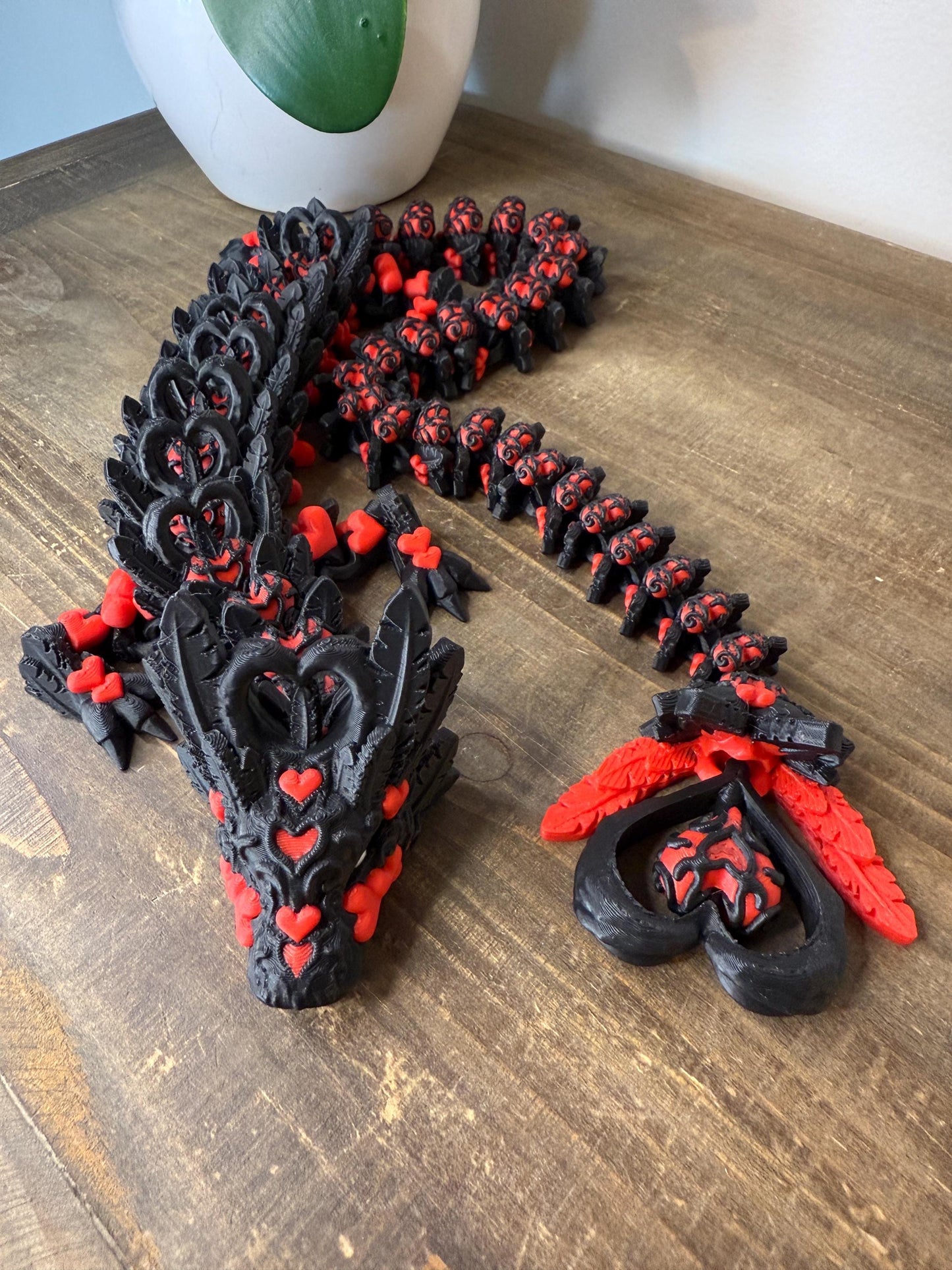 Red Black Heart Crystal Dragon Full Size | 27" 3D Printed Articulated Dragon Figurine | Fantasy Collectible with Heart Details