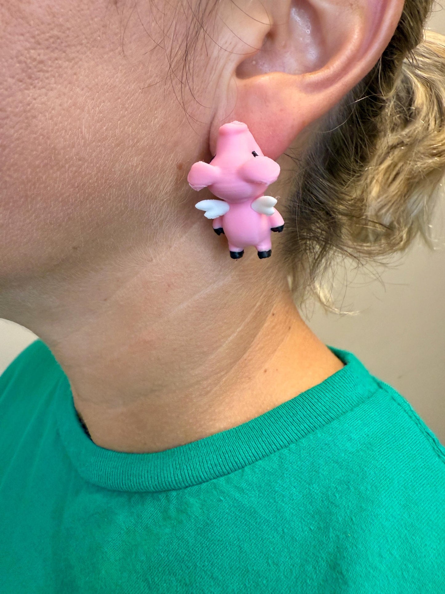 Flying Pig Chomper Earrings | Cute Fantasy Dangle Jewelry | Whimsical Animal Statement | Hypoallergenic 3D Printed Pig Lover Gift