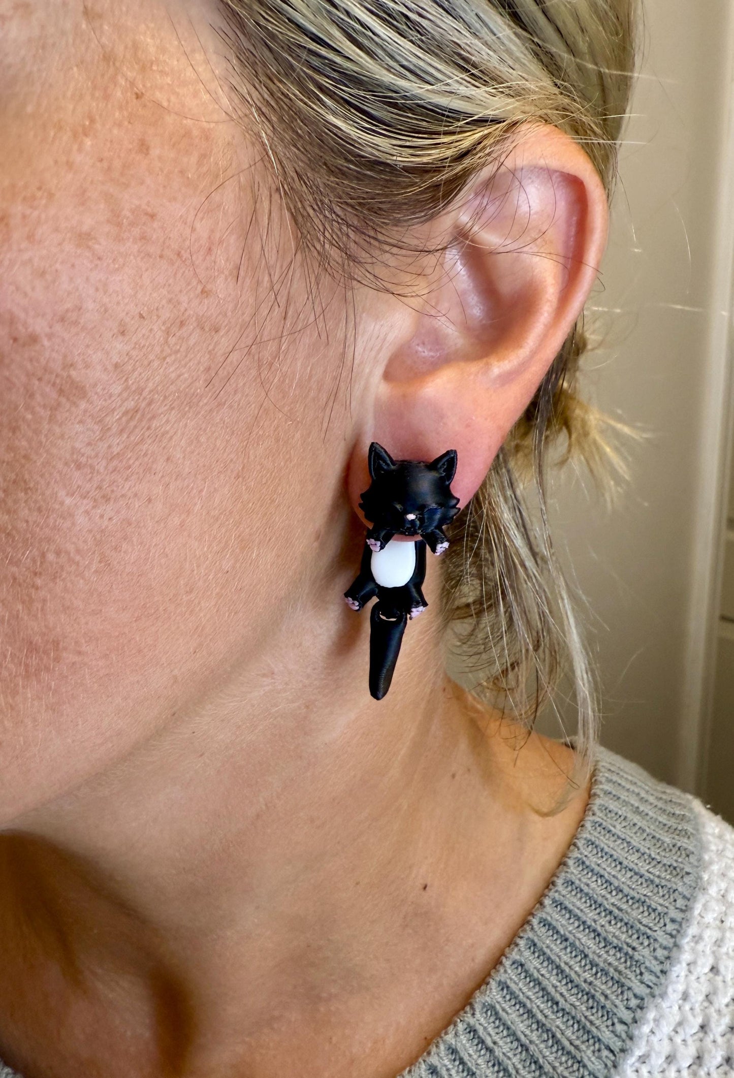 Black Cat Jumper Earrings | Cute Cat Dangle Jewelry | Hypoallergenic Stainless Steel | Black Cat Lover Gift | 3D Printed Statement Earrings
