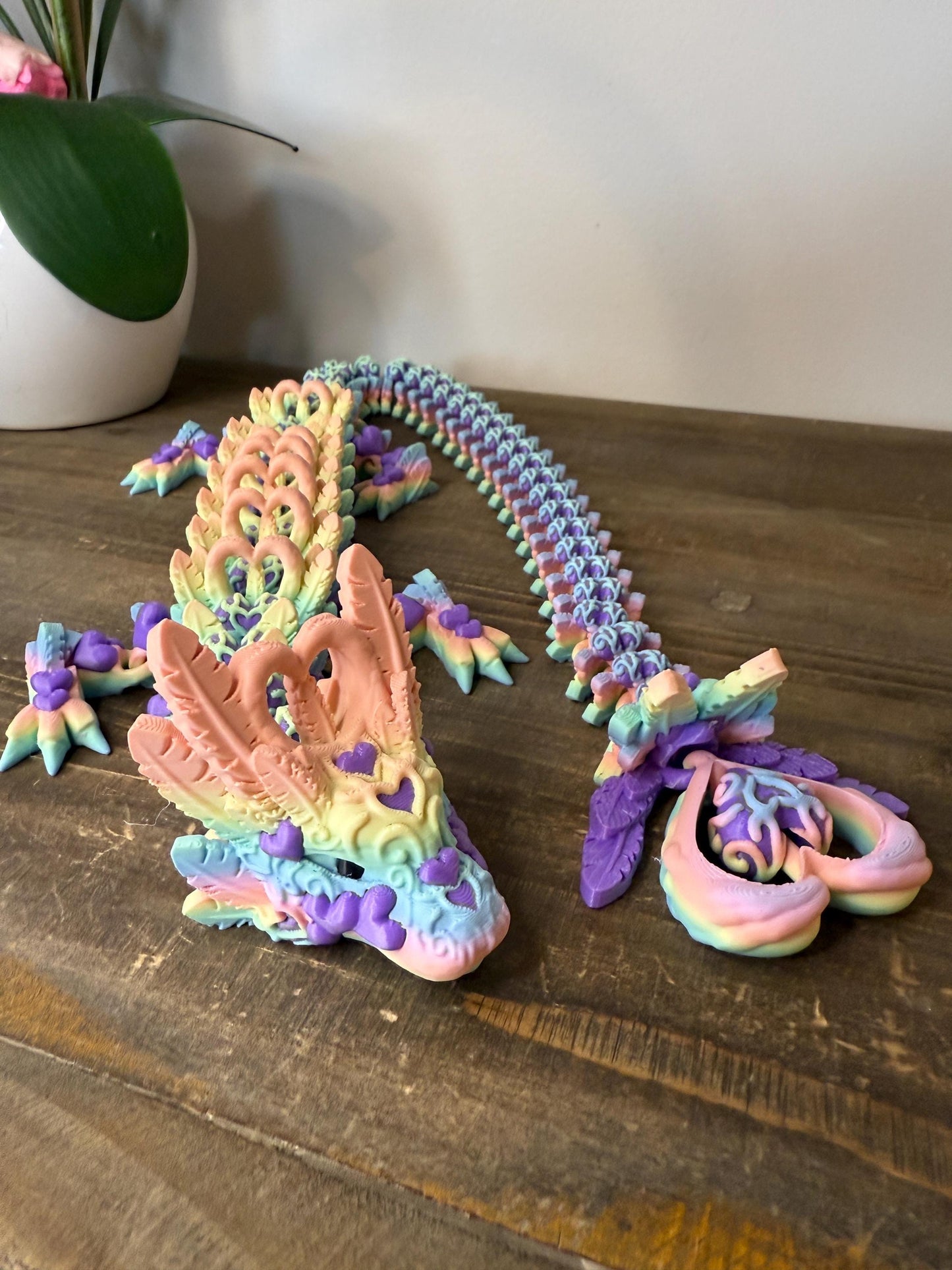 Pastel Rainbow Heart Crystal Dragon Full Size | 27" 3D Printed Articulated Dragon Figurine | Fantasy Collectible with Heart Details