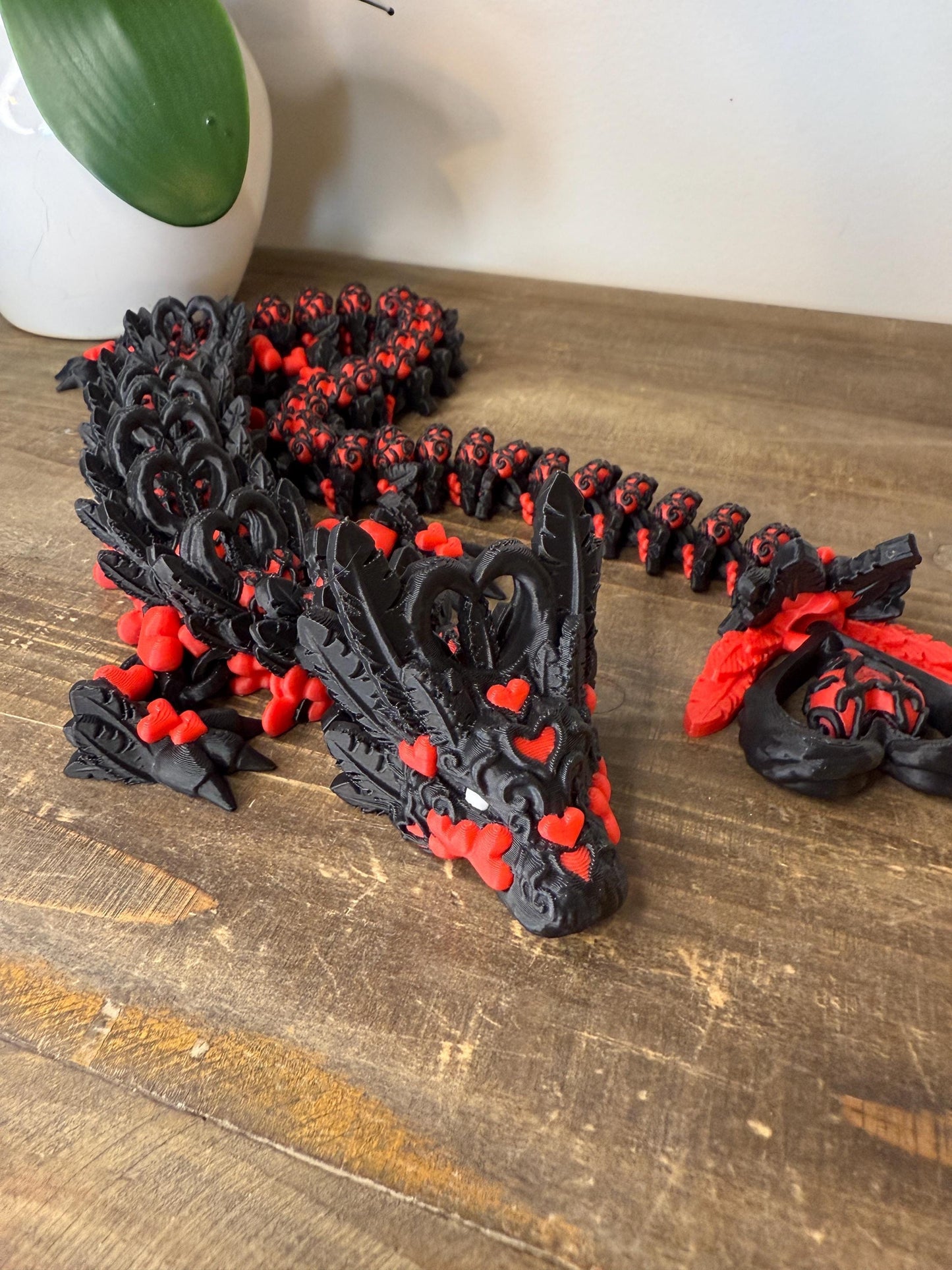 Red Black Heart Crystal Dragon Full Size | 27" 3D Printed Articulated Dragon Figurine | Fantasy Collectible with Heart Details