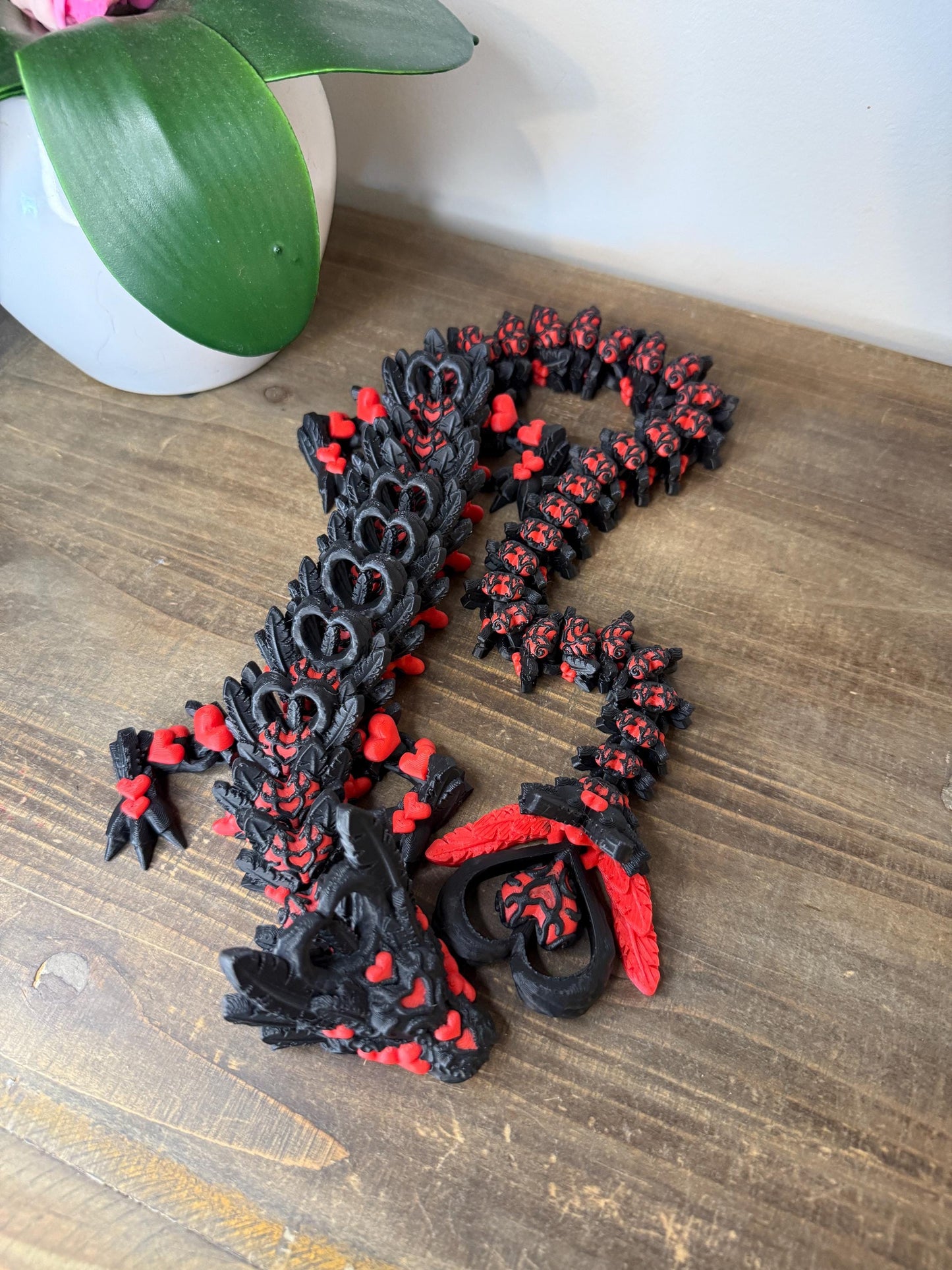 Red Black Heart Crystal Dragon Full Size | 27" 3D Printed Articulated Dragon Figurine | Fantasy Collectible with Heart Details