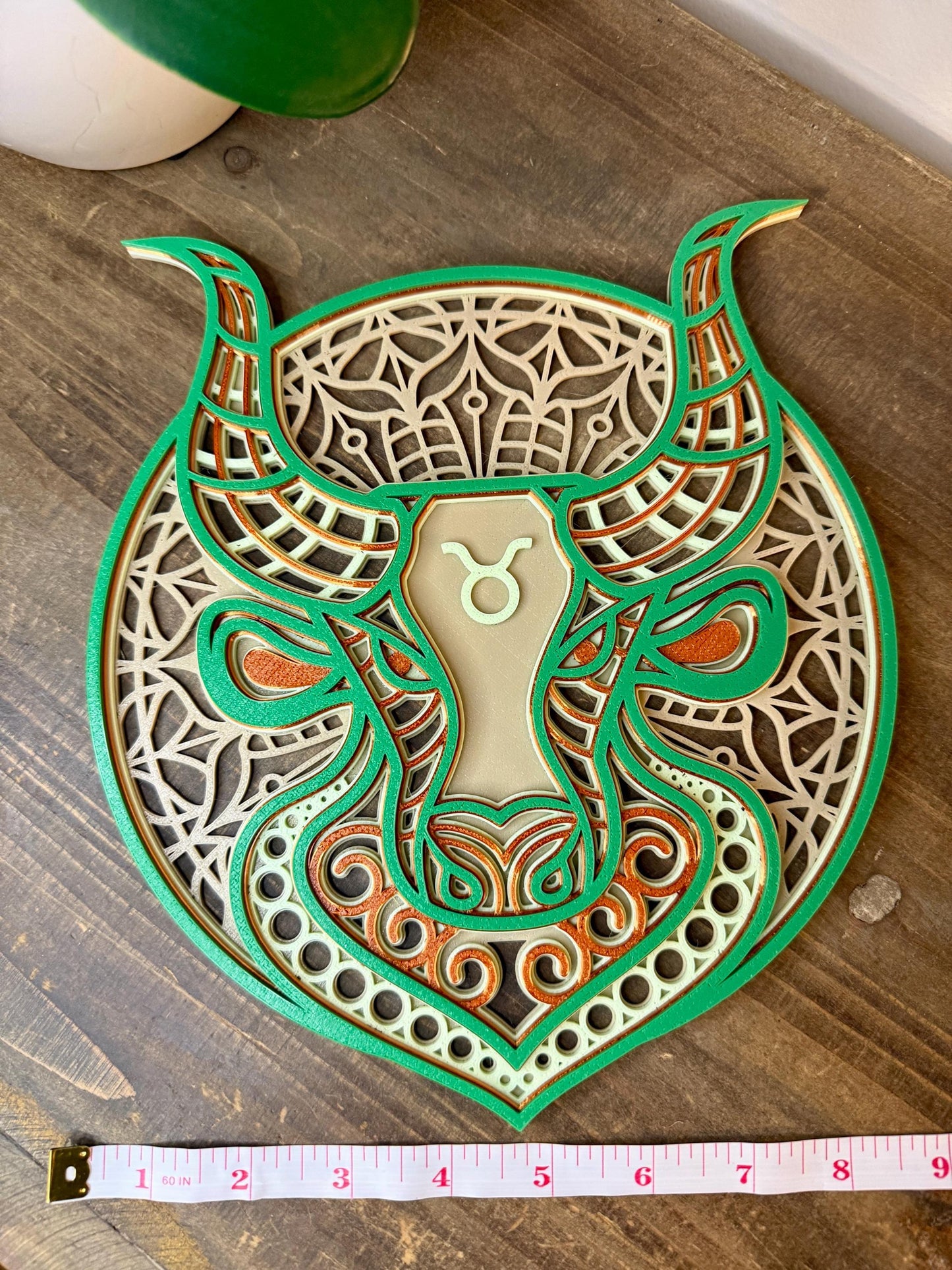 Taurus Zodiac Mandala Wall Art | 3D Printed Astrology Decor | Bone White Mint Copper Green | Horoscope Gift