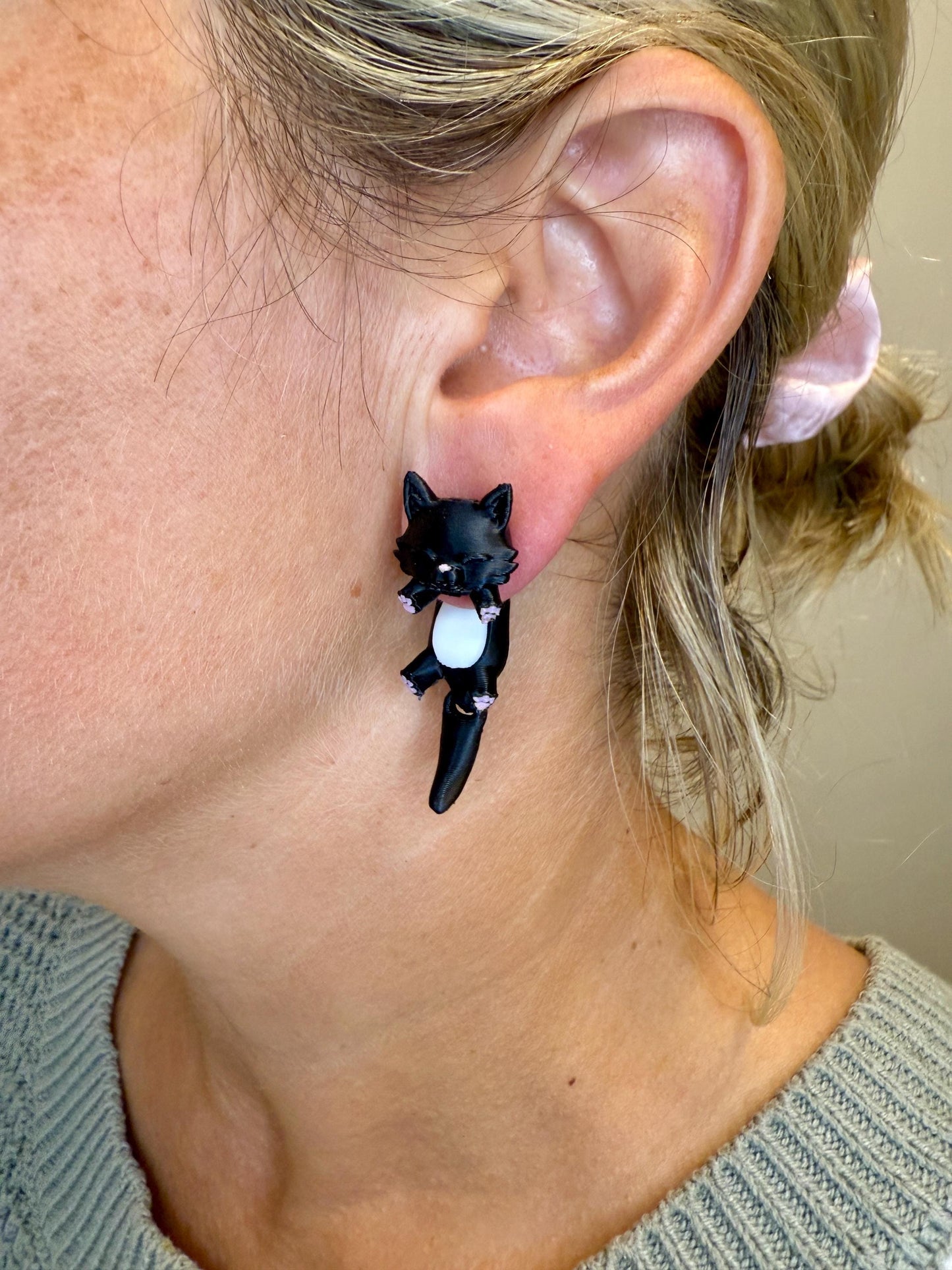 Black Cat Jumper Earrings | Cute Cat Dangle Jewelry | Hypoallergenic Stainless Steel | Black Cat Lover Gift | 3D Printed Statement Earrings