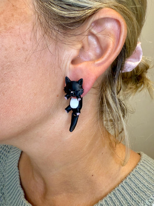 Black Cat Jumper Earrings | Cute Cat Dangle Jewelry | Hypoallergenic Stainless Steel | Black Cat Lover Gift | 3D Printed Statement Earrings