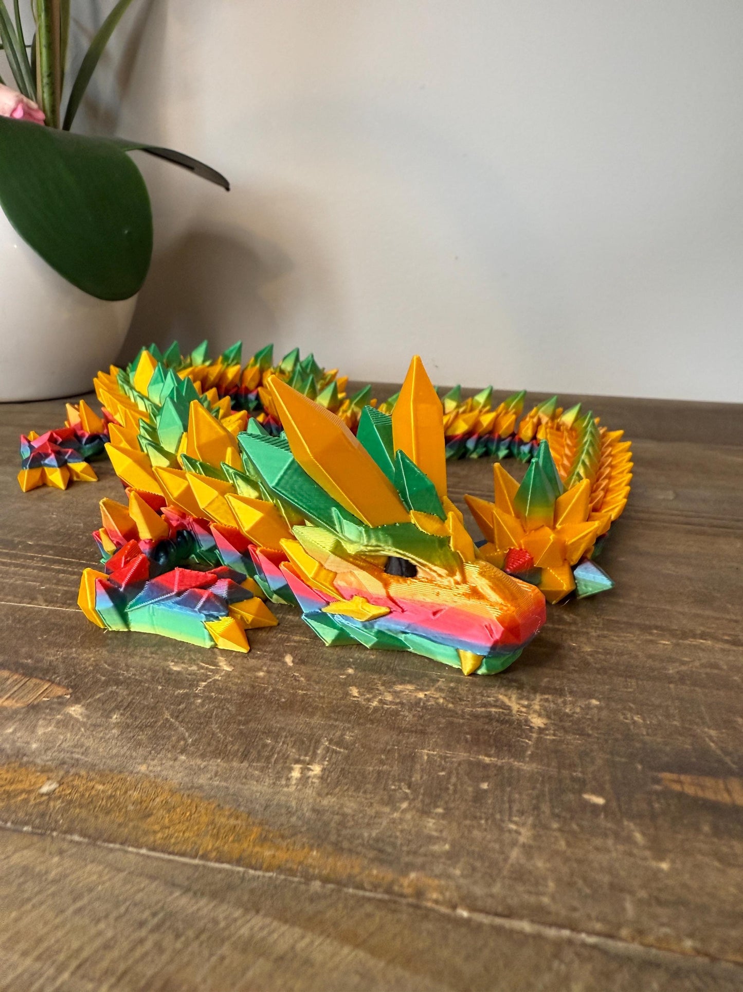 Rainbow Crystal Dragon Full Size | 26" 3D Printed Articulated Dragon Figurine | Multicolor Fantasy Dragon Collectible