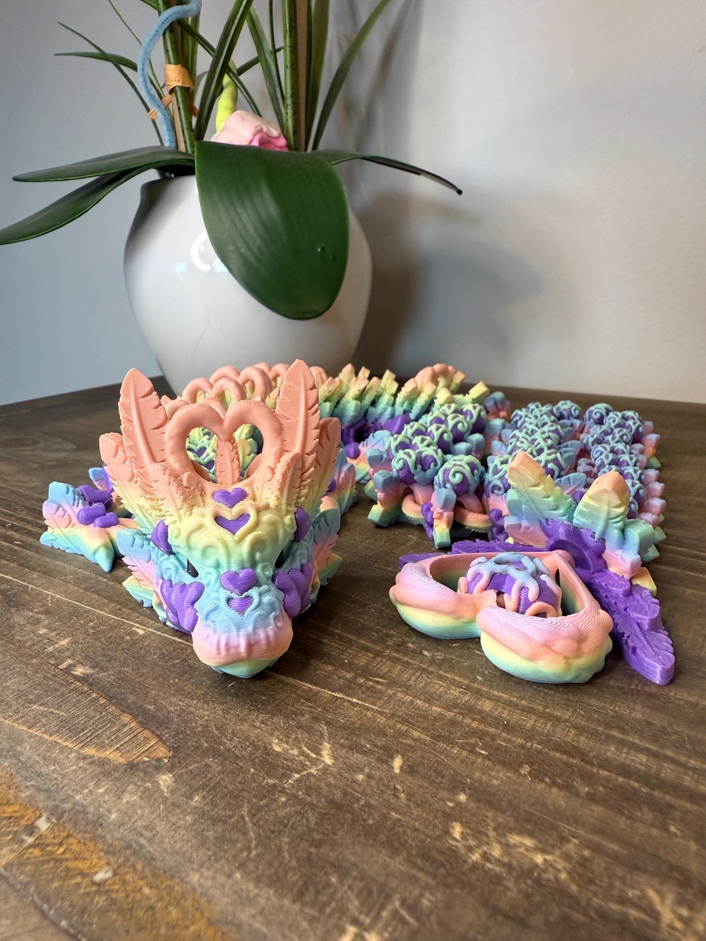 Pastel Rainbow Heart Crystal Dragon Full Size | 27" 3D Printed Articulated Dragon Figurine | Fantasy Collectible with Heart Details