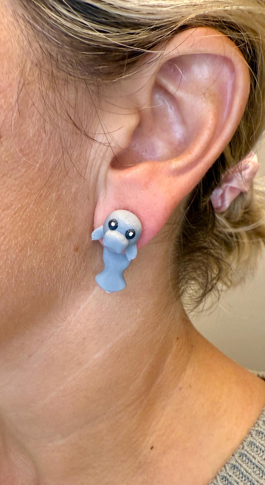 Manatee Dangle Earrings | Cute Sea Cow Dangle Jewelry | Ocean Animal Gift | Lightweight Hypoallergenic 3D Printed Earrings