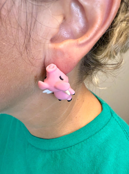 Flying Pig Chomper Earrings | Cute Fantasy Dangle Jewelry | Whimsical Animal Statement | Hypoallergenic 3D Printed Pig Lover Gift