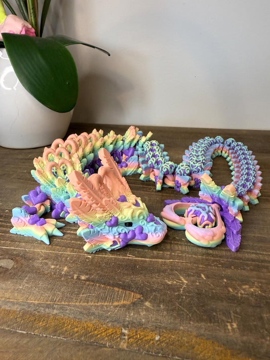 Pastel Rainbow Heart Crystal Dragon Full Size | 27" 3D Printed Articulated Dragon Figurine | Fantasy Collectible with Heart Details