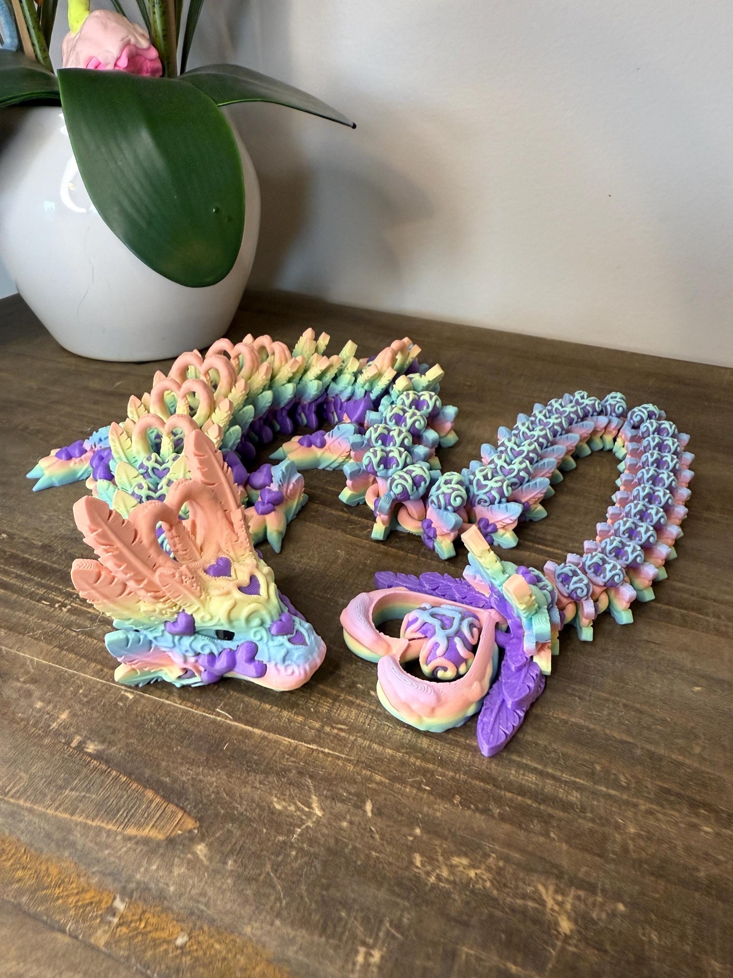 Pastel Rainbow Heart Crystal Dragon Full Size | 27" 3D Printed Articulated Dragon Figurine | Fantasy Collectible with Heart Details