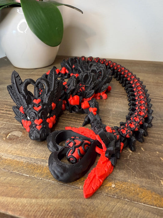Red Black Heart Crystal Dragon Full Size  | 27" 3D Printed Articulated Dragon Figurine | Fantasy Collectible with Heart Details