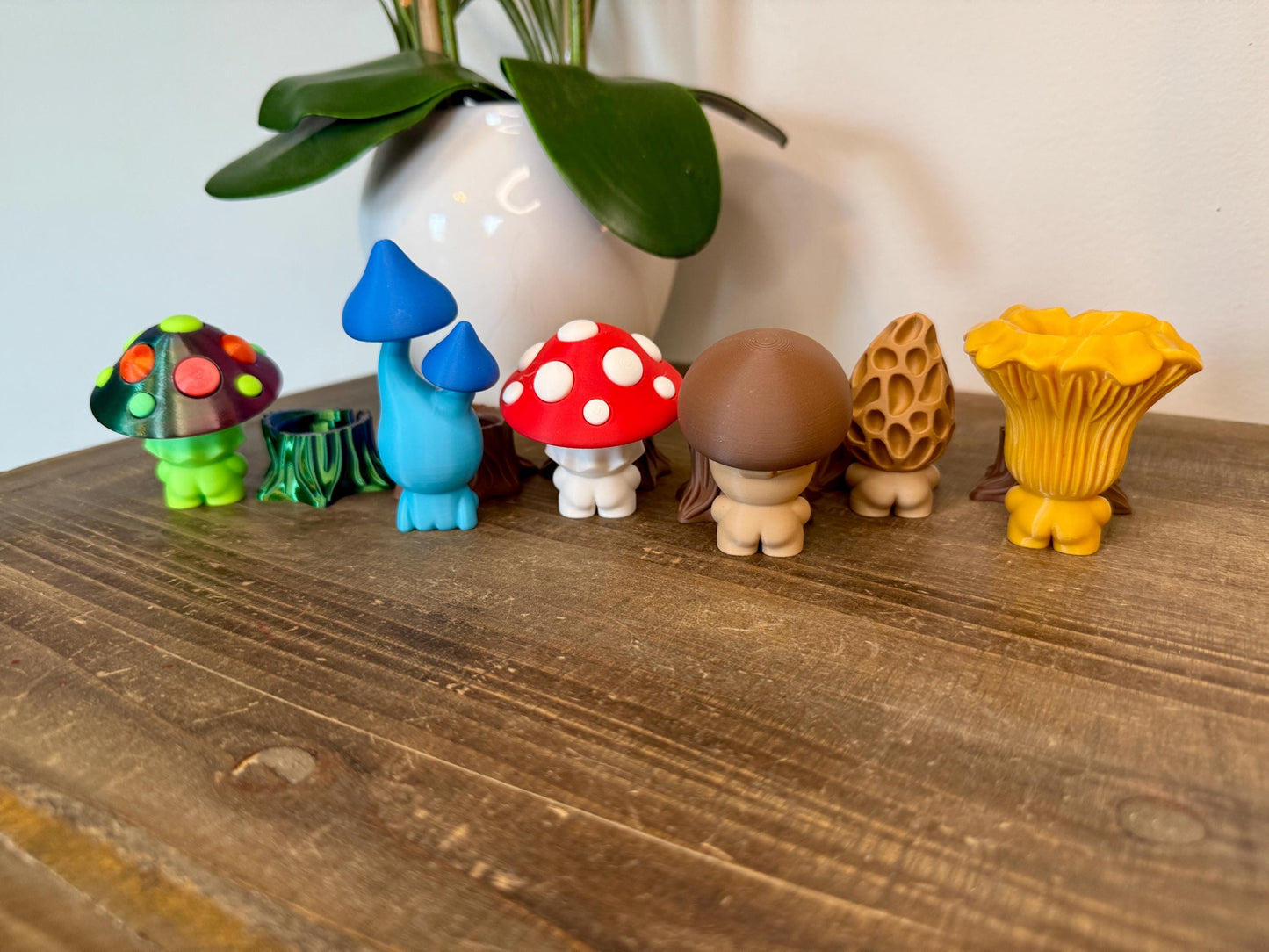 Whimsical 3D Printed Mushrooms – Poseable Fungi Figurines with Twist-Lock Stumps | Toadstool, Chanterelle, Morel, Pinkgill, Psychedelic