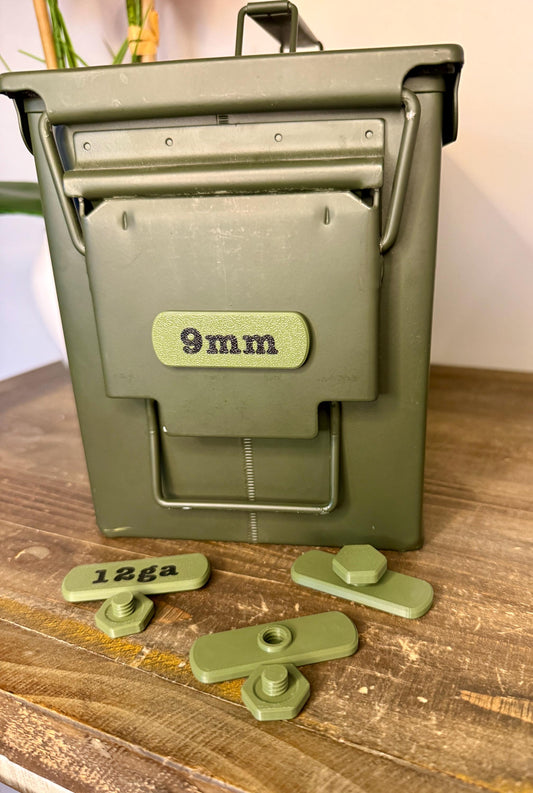 Ammo Can Caliber Label | Screw-In Ammo Can Tag | 3D Printed | Choose Caliber | Range & Safe Storage Organization | Not a Sticker