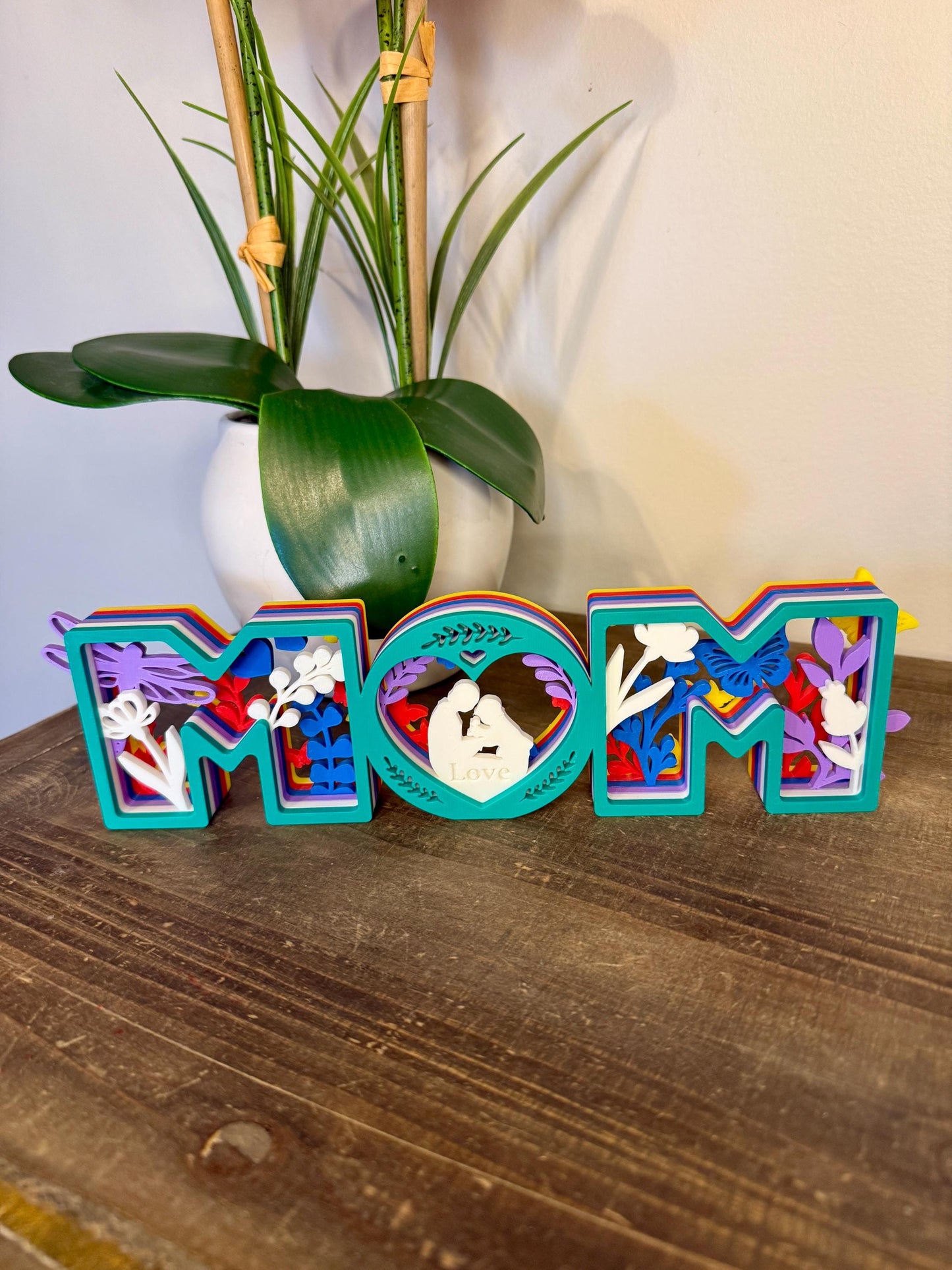 Layered MOM Sign | Mother’s Day Gift | 3D Printed Shadow Box Style Decor | Mom Desk Sign | Floral Mom Gift | Custom Mother Gift