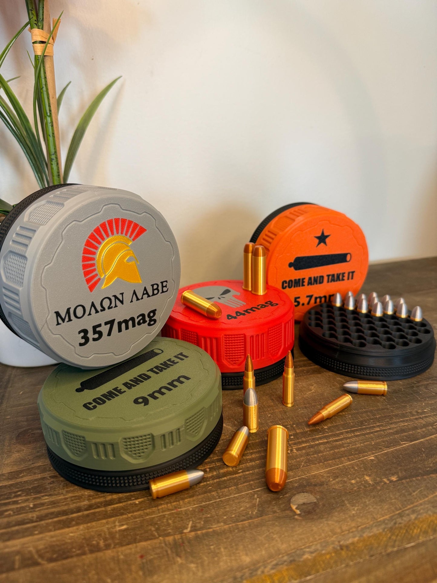 Ammo Storage Container | 3D Printed | Black Base | Choose Lid Style: Punisher | Come and Take It | Stackable | Molon Labe | Caliber