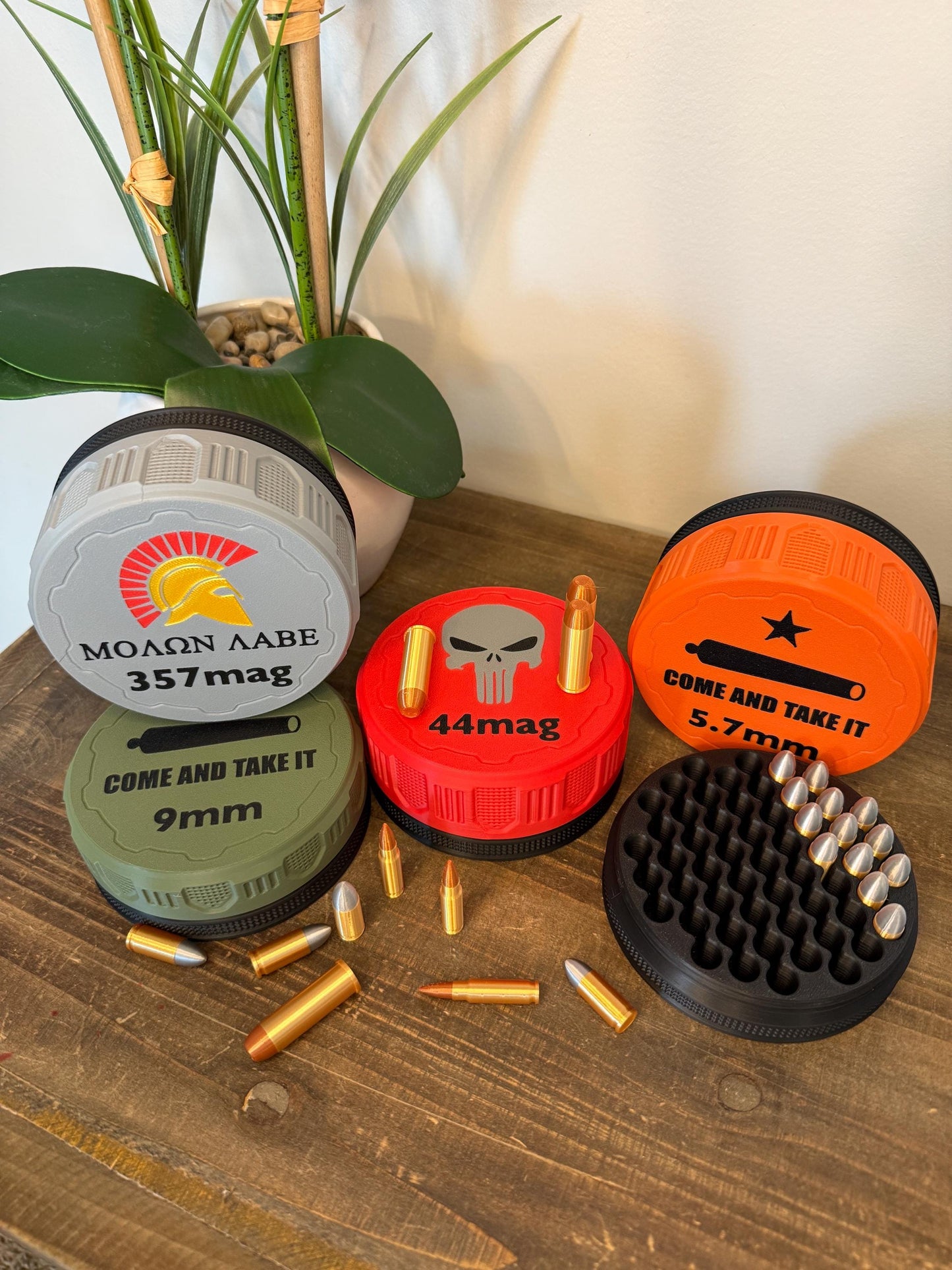 Ammo Storage Container | 3D Printed | Black Base | Choose Lid Style: Punisher | Come and Take It | Stackable | Molon Labe | Caliber
