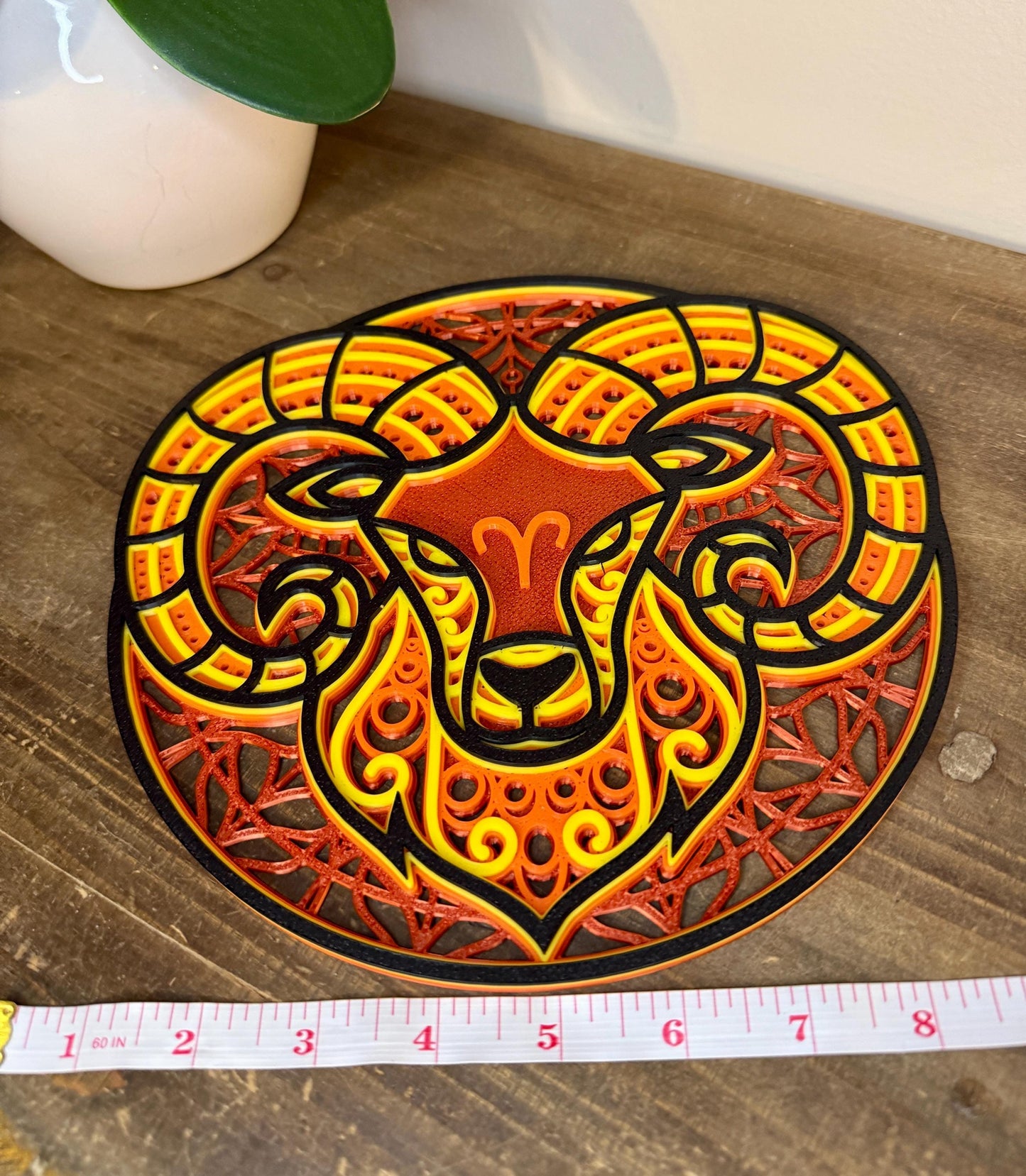 Aries Zodiac Mandala Wall Art | 3D Printed Astrology Decor | Red Orange Yellow Black | Horoscope Gift