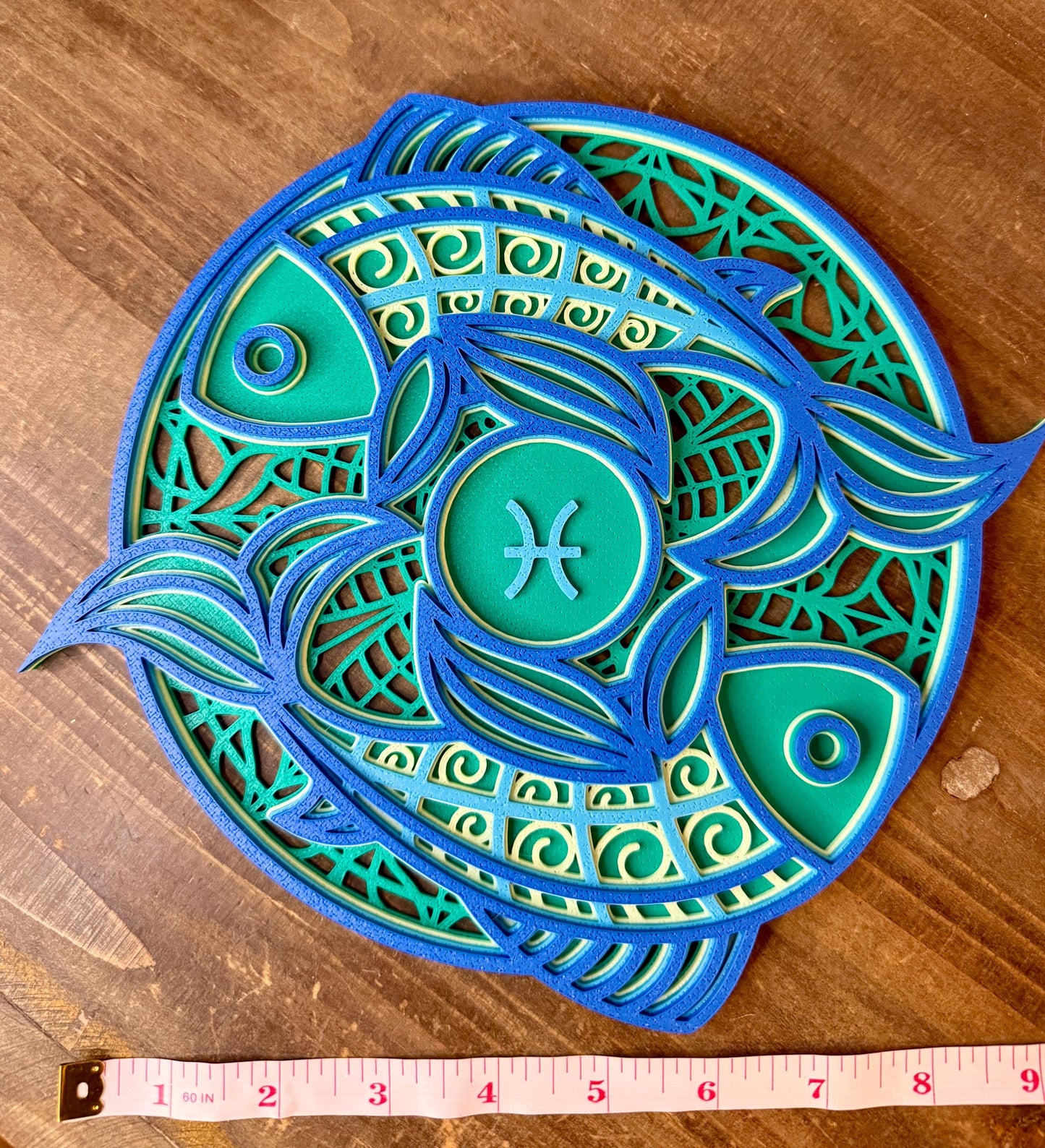 Pisces Zodiac Mandala Wall Art | 3D Printed Astrology Decor | Sea Green Mint Blue | Horoscope Birthday Gift