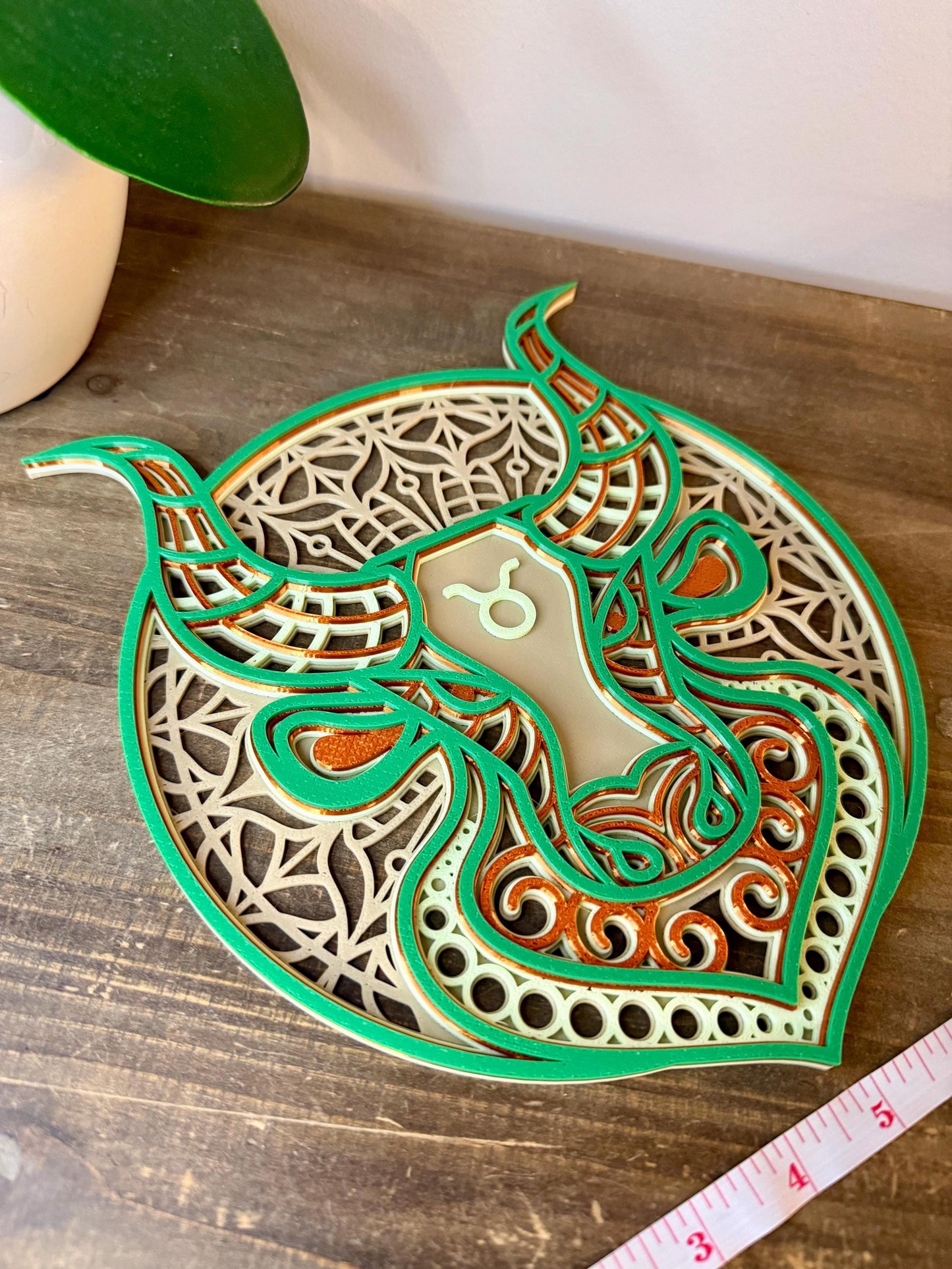 Taurus Zodiac Mandala Wall Art | 3D Printed Astrology Decor | Bone White Mint Copper Green | Horoscope Gift