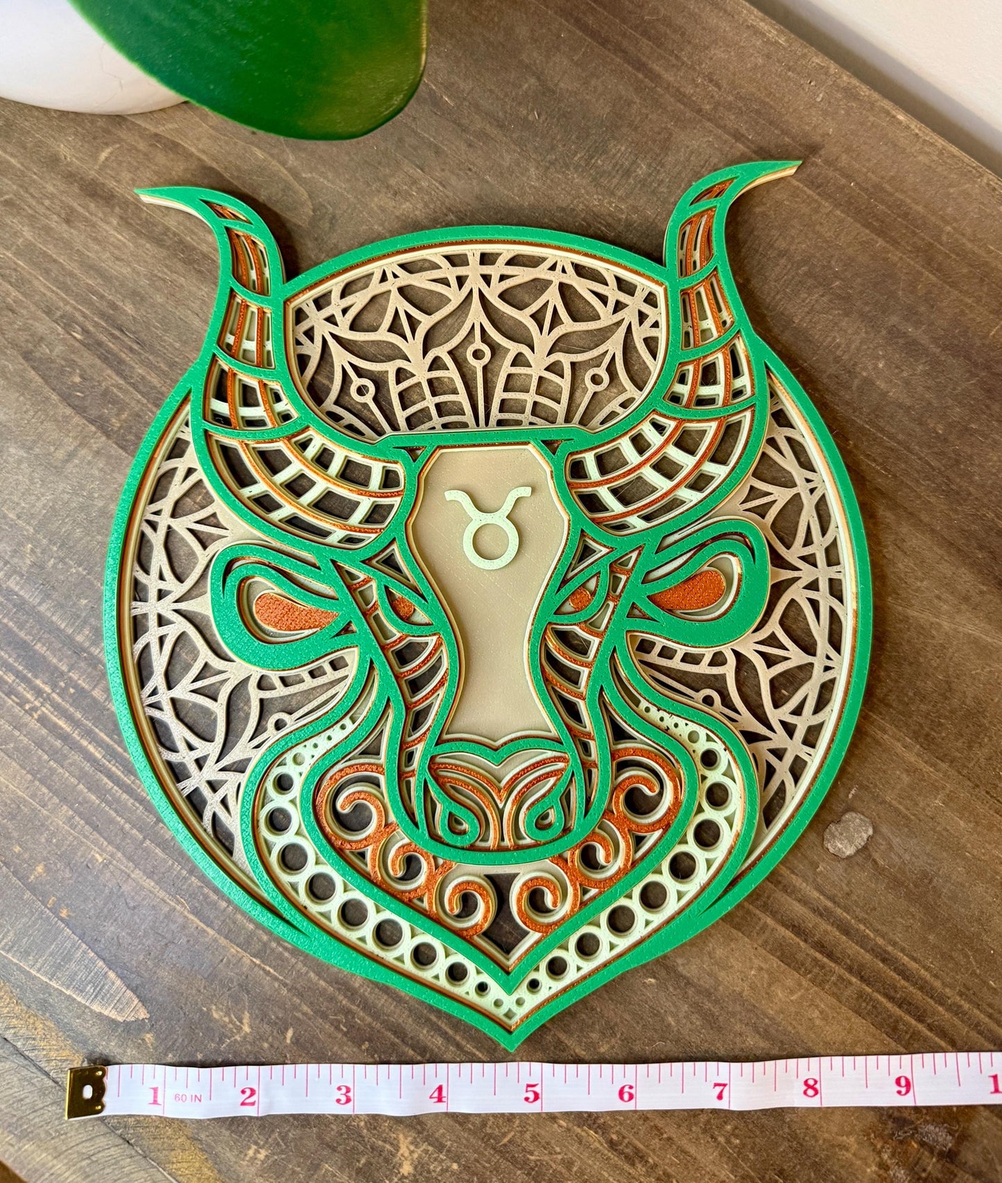 Taurus Zodiac Mandala Wall Art | 3D Printed Astrology Decor | Bone White Mint Copper Green | Horoscope Gift