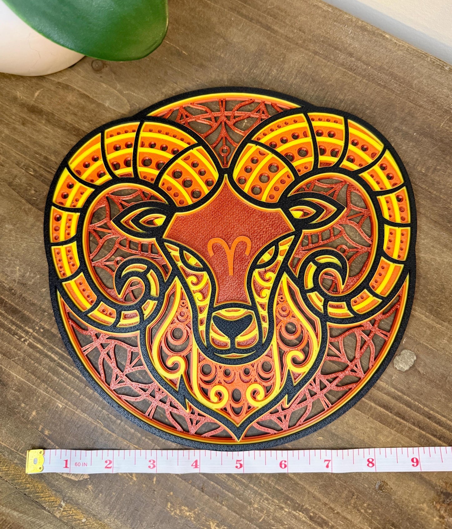Aries Zodiac Mandala Wall Art | 3D Printed Astrology Decor | Red Orange Yellow Black | Horoscope Gift