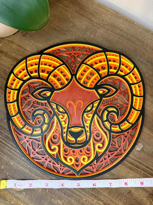 Aries Zodiac Mandala Wall Art | 3D Printed Astrology Decor | Red Orange Yellow Black | Horoscope Gift