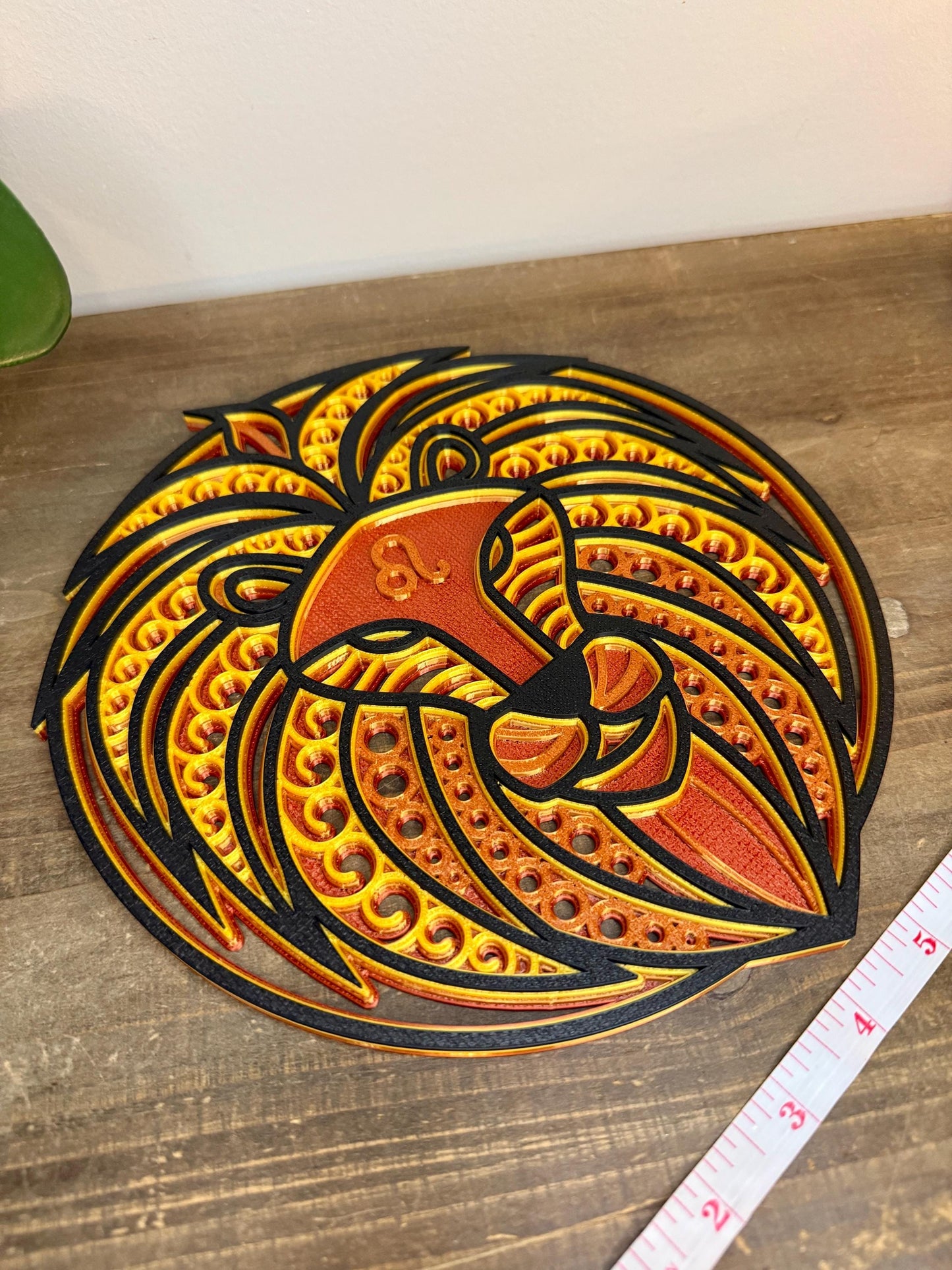 Leo Zodiac Mandala Wall Art | 3D Printed Astrology Decor | Red Copper Yellow Black | Horoscope Gift