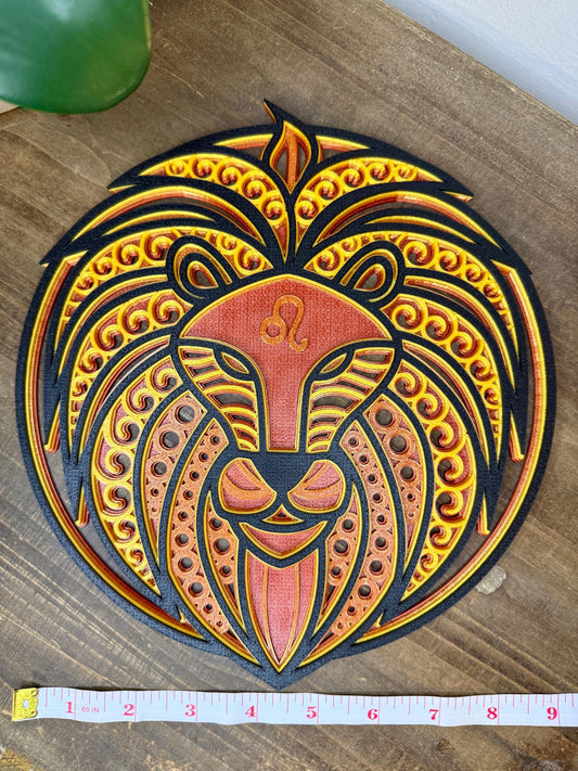 Leo Zodiac Mandala Wall Art | 3D Printed Astrology Decor | Red Copper Yellow Black | Horoscope Gift