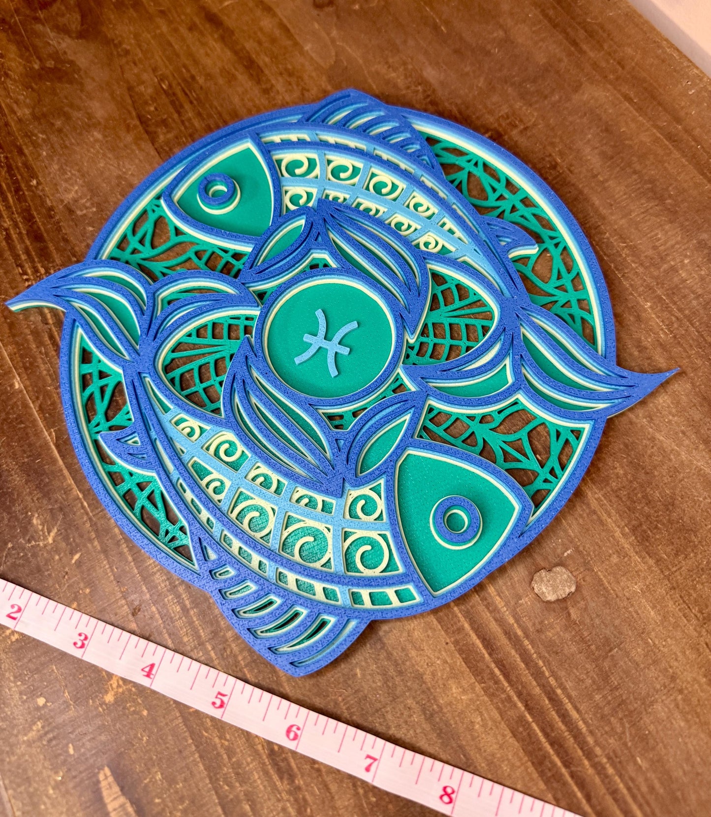 Pisces Zodiac Mandala Wall Art | 3D Printed Astrology Decor | Sea Green Mint Blue | Horoscope Birthday Gift