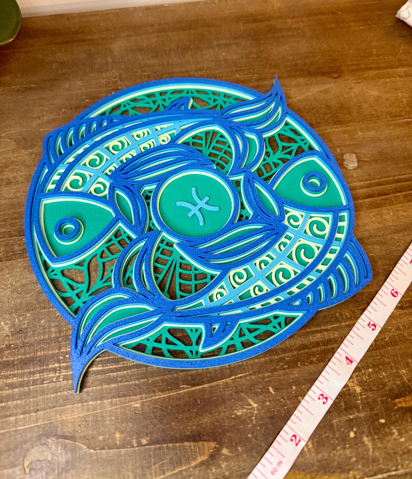 Pisces Zodiac Mandala Wall Art | 3D Printed Astrology Decor | Sea Green Mint Blue | Horoscope Birthday Gift