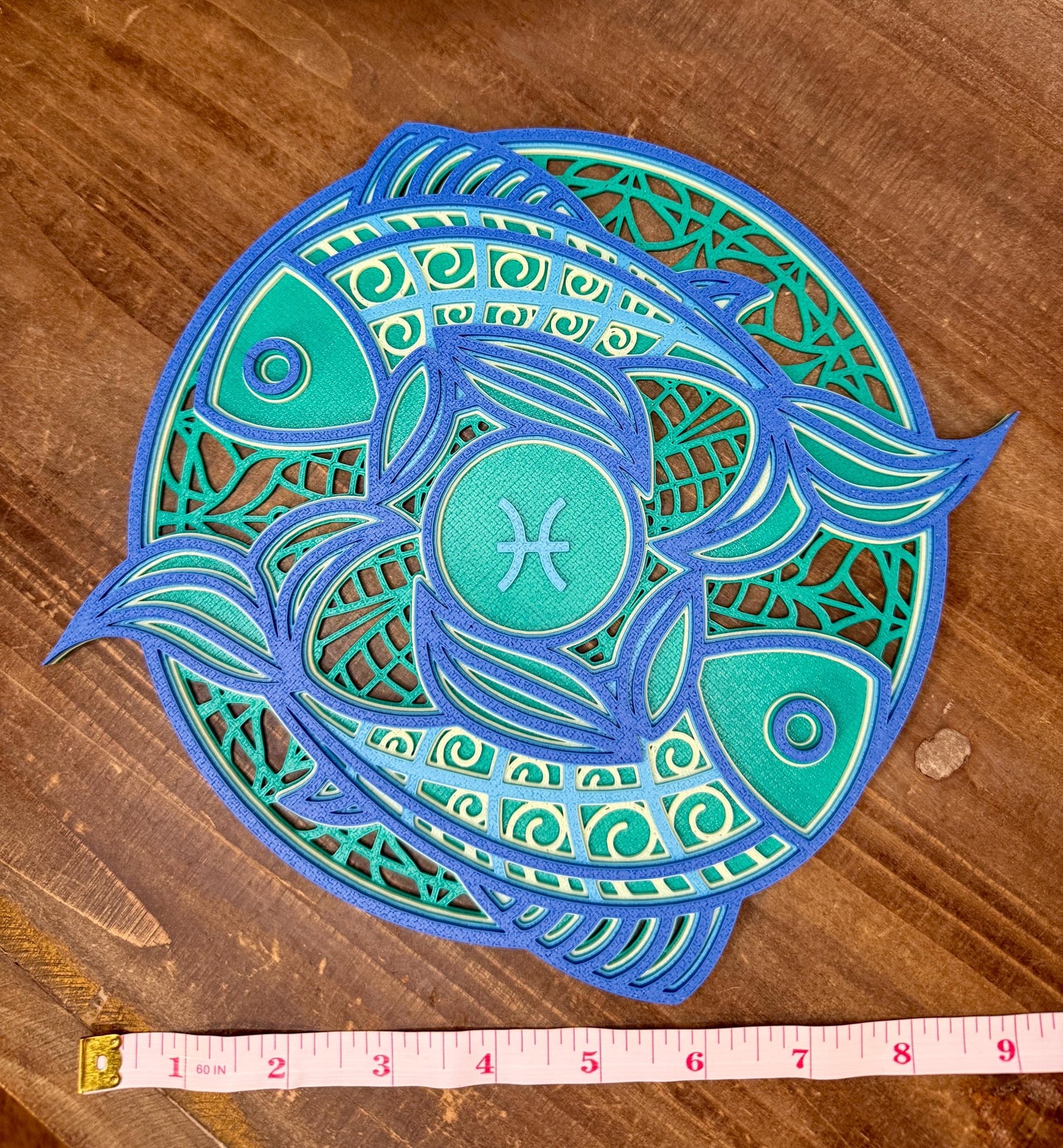 Pisces Zodiac Mandala Wall Art | 3D Printed Astrology Decor | Sea Green Mint Blue | Horoscope Birthday Gift