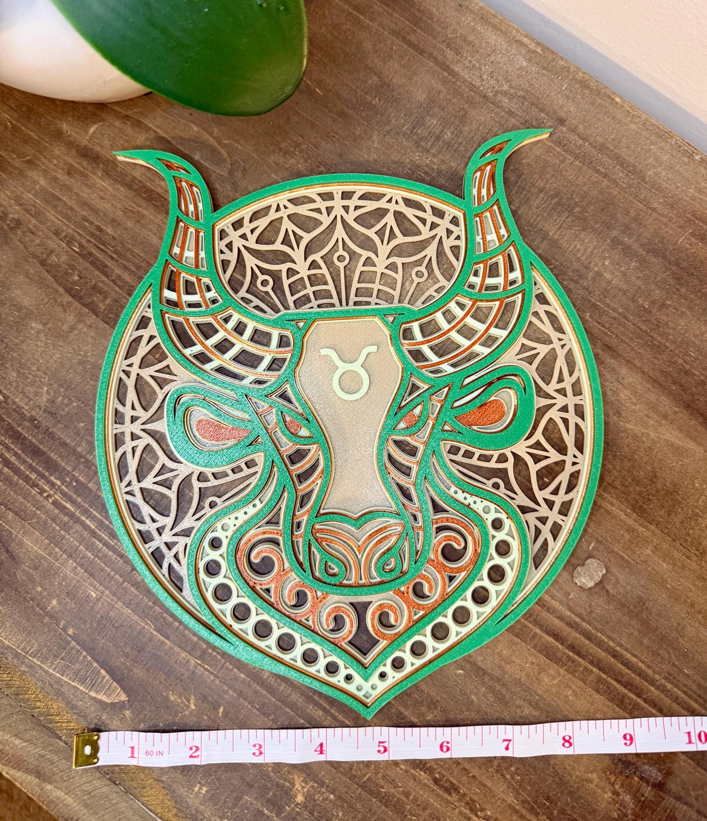 Taurus Zodiac Mandala Wall Art | 3D Printed Astrology Decor | Bone White Mint Copper Green | Horoscope Gift