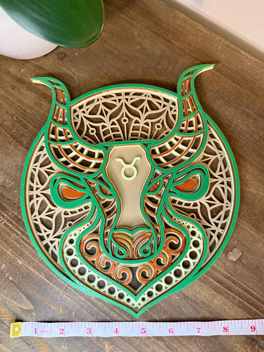 Taurus Zodiac Mandala Wall Art | 3D Printed Astrology Decor | Bone White Mint Copper Green | Horoscope Gift